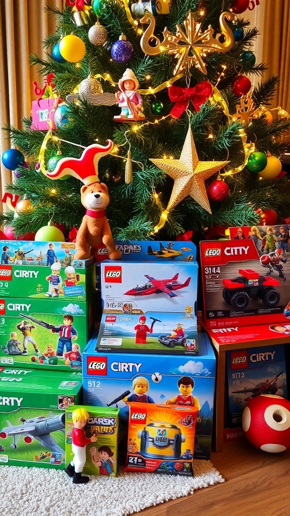 A collection of Christmas gifts for boys under a decorated Christmas tree.